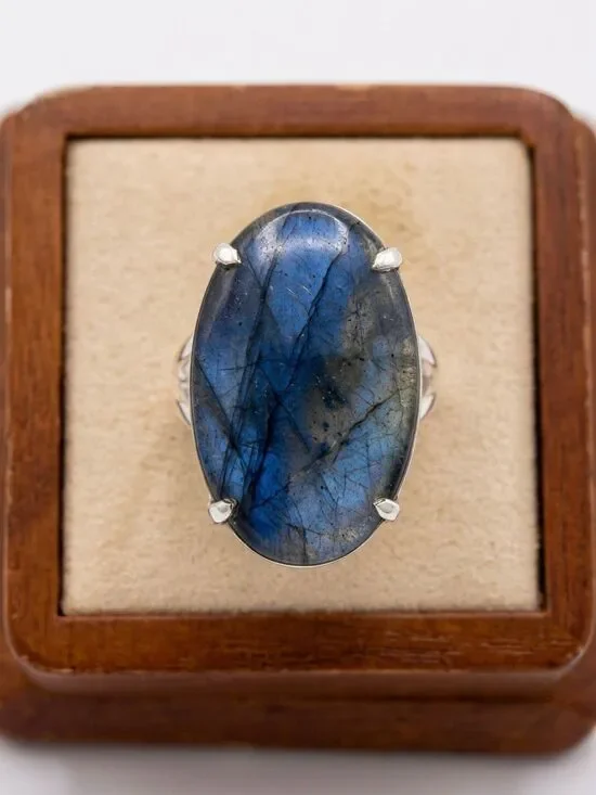 Natural Blue Labradorite Statement Silver Ring Large Oval Stone Flashy Gemstone