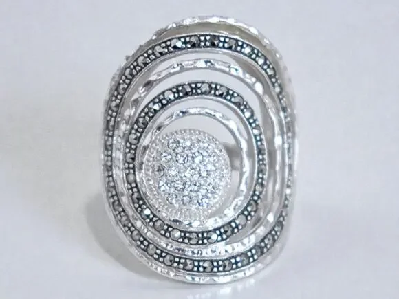 Sterling Silver 925 Spiral Statement Ring Cubic Zirconia Marcasite Size 6
