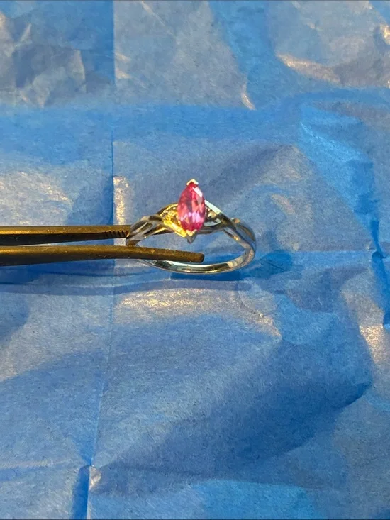 Delicate 10K White Gold Marquise Pink  Topaz (?) Ring with Small Diamonds Size 7