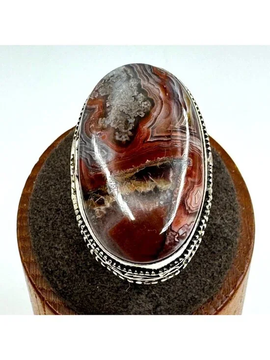 Crazy Lace Agate Bezel Set Statement Ring Sterling Silver 925 Size 9