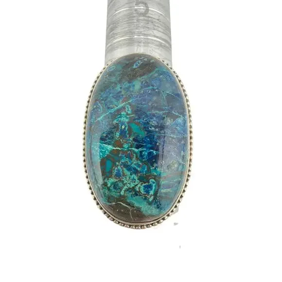 Large Oval Chrysocolla Twisted Rope Border 925 Sterling Silver Ring Size 7.5