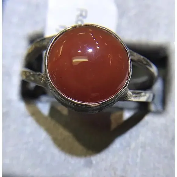 Red Agate (Natural) Ring Round Sz10 Bezel Set Silver 925 Design Band