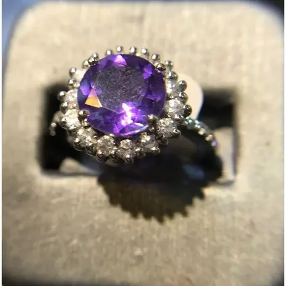 Cocktail Ring 925 Sz8 Round Amethyst Circle Diamonds (All Stones Simulated)