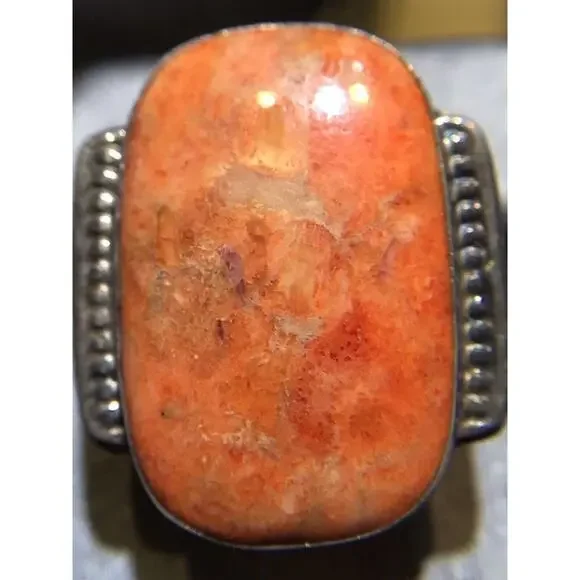 Orange Turquoise/Hematite Ring Sz12 Large Rectangle Stone Silver 925 Gorgeous