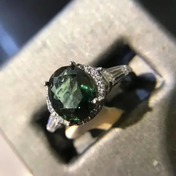 Ring 925 Sz6 Oval Diopside Circle Diamonds 2 Baguette (All Stones Simulated)