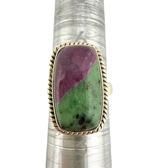 Rectangular Ruby-Zoisite Twisted Rope Border 925 Sterling Silver Ring Size 7