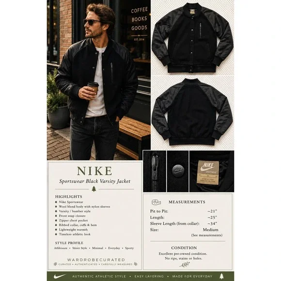 Nike Sportswear Mens Wool Blend Varsity Bomber Jacket Black Snap Front Medium