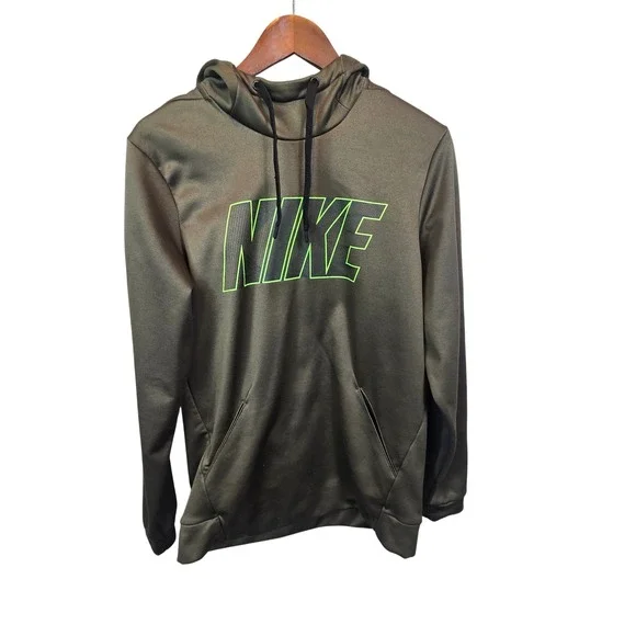 Nike Hoodie Mens S Olive Green Dri-Fit Fleece‎ Lined Pullover Sweatshirt  Logo