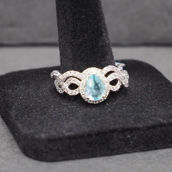 Ring Set 2pc Blue Pear Rhinestone March Birthstone Halo Infinity Silver Tone