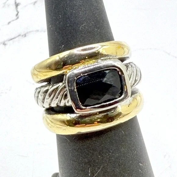 New Black Faceted Glass Stone Two Tone Ring Size 6 Unisex See‎ Video
