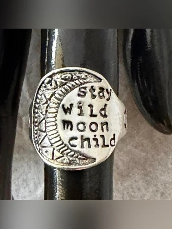 Stay Wild Moon Child 🌙 Celestial Silver Moon Free Spirit Mantra Ring ✨