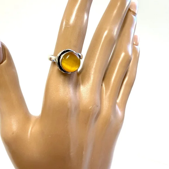Handmade‎ Ring Cat’s Eye Glass Sterling Silver Plated Adjustable Size 7–8