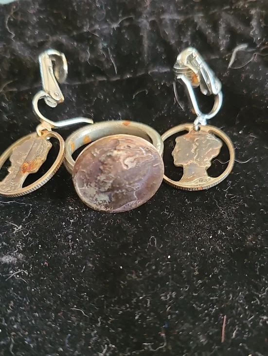 Vintage Silver-Tone Coin Drop Earrings with Brown Patina Accent