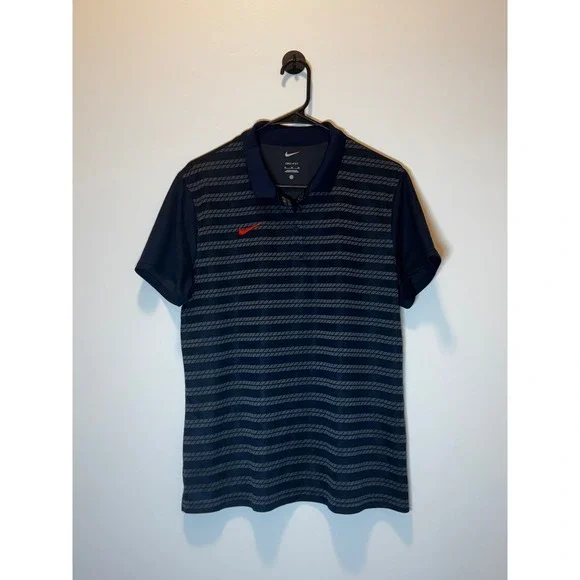 Nike Dri-FIT Polo Shirt Mens XL Navy‎ Blue Grey Striped Short Sleeve Golf Top