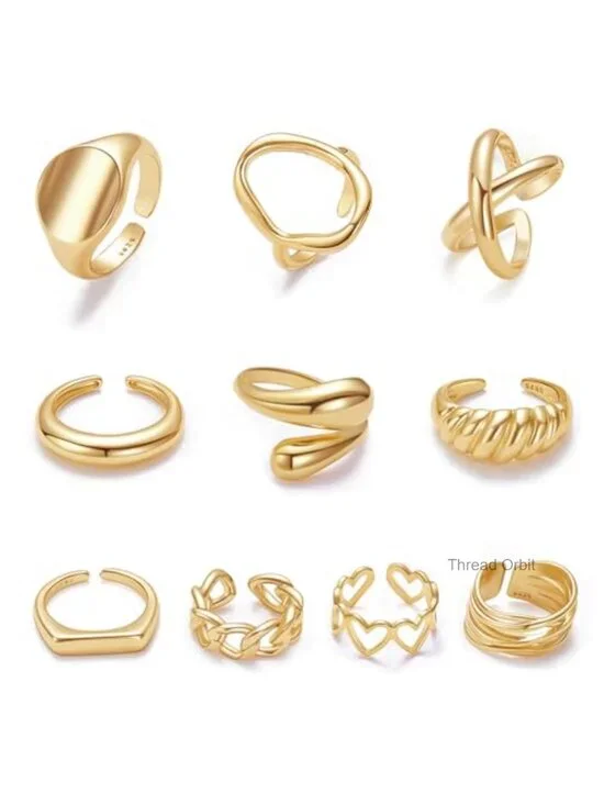 10 Chunky Dome Rings Set 18K Gold Plated Stackable Adjustable