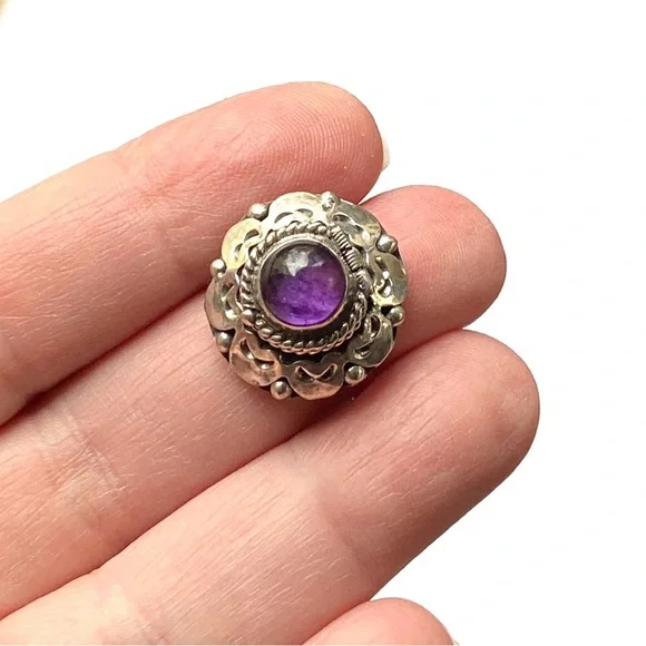 Vintage Taxco Sterling Silver Amethyst Poison Ring Adjustable
