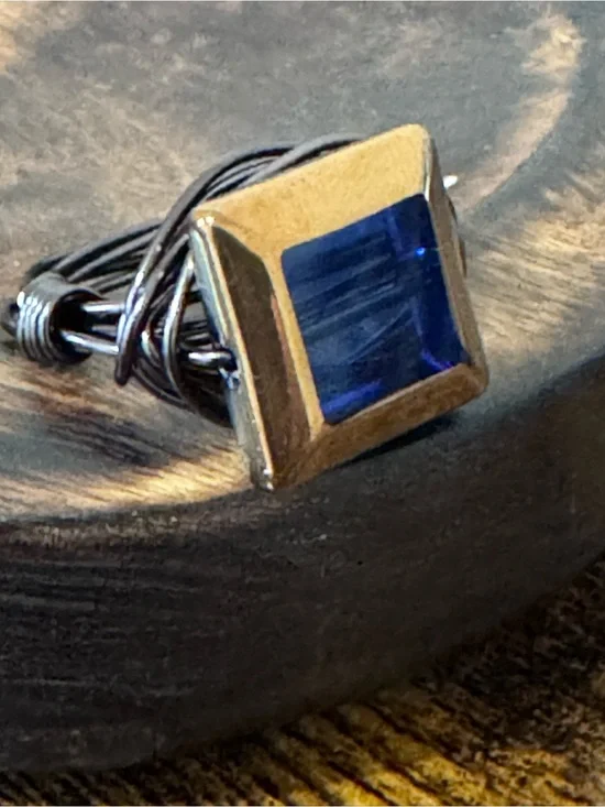 Artisan Gold-Tone Ring with Deep Blue Square Gem