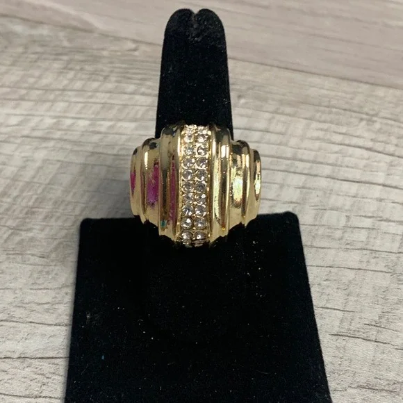 Gold Tone Ribbed Dome Statement Ring Clear Rhinestone Accent Adjustable Size 8.5