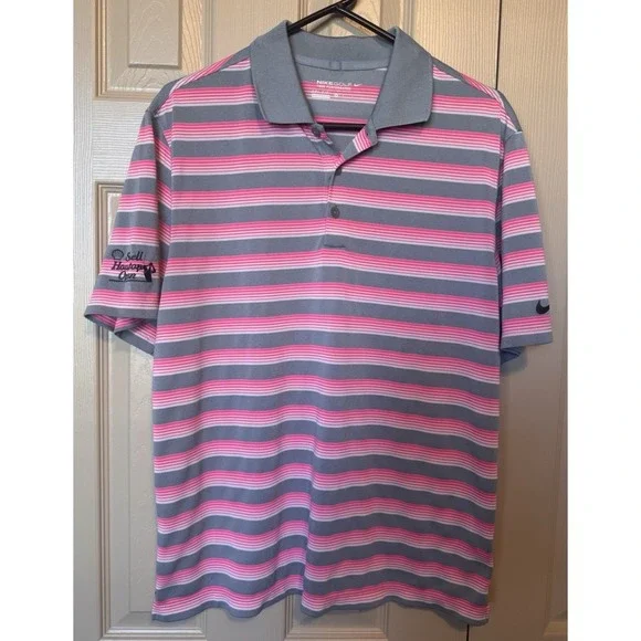 Nike Dri Fit Shirt Golf Polo Men‎ Medium Pink Gray White Stripe Tour Performance