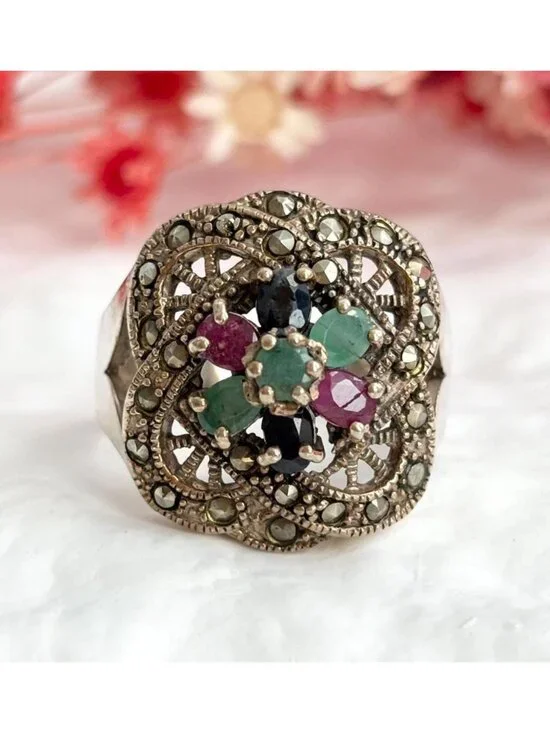 Art Deco Marcasite, Emerald, Garnet Sterling Silver 925 Vintage Ring - sz 9.75