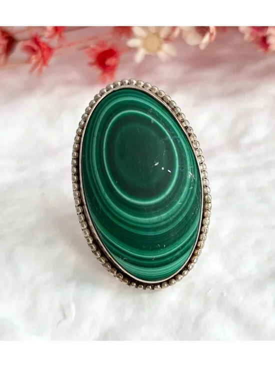 Southwest Style Malachite Gemstone Sterling Silver 925 Vintage Ring - sz 5.5
