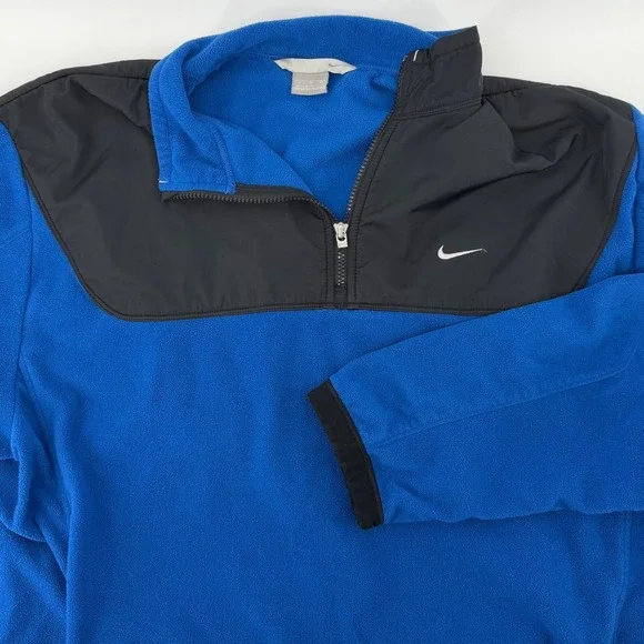 Nike Vintage Quarter Zip Fleece Pullover Blue Black XL Swoosh Mock‎ Neck Pockets