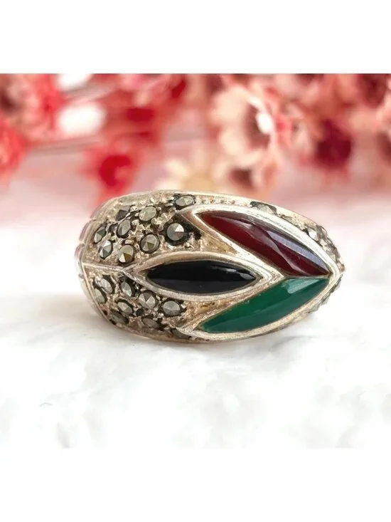 Art Deco Carnelian & Black Onyx Sterling Silver 925 Vintage Ring - sz 8.5