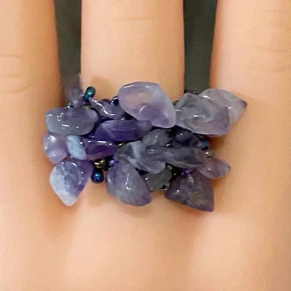 Amethyst Purple Handmade Seed Bead and Stone Chips Stretch Ring