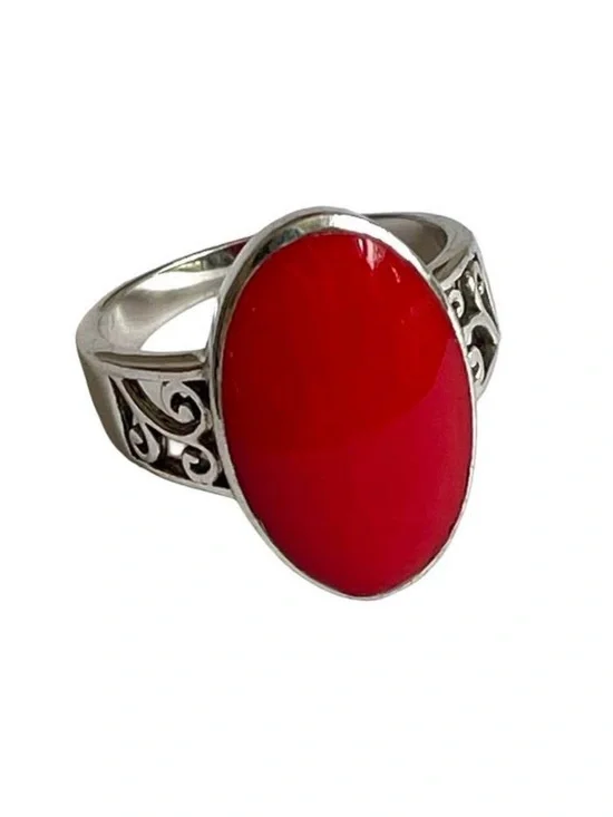 Vintage Sterling Silver And Coral Ring Size 8