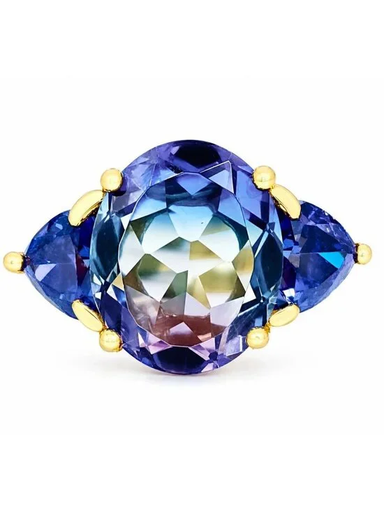 Tourmaline 5.73 Cts & Tanzanite Ring 10k Solid Yellow Gold