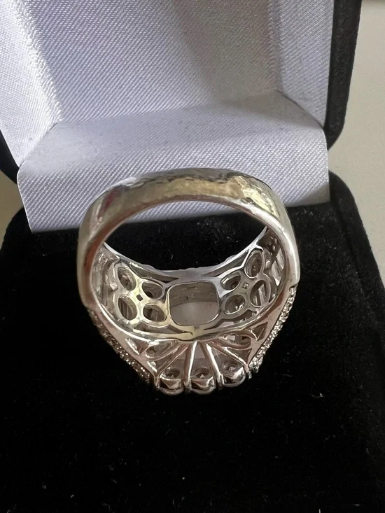 Stunning 925 Sterling Silver Opal CZ Halo Art Deco Statement Ring Size 7