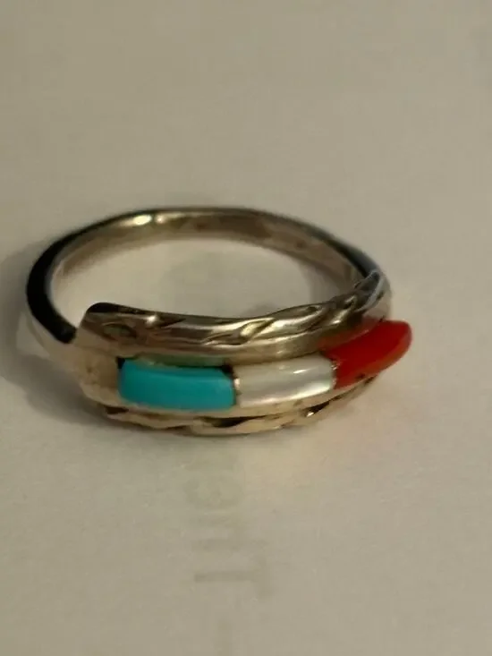 Vintage Zuni Signed Gus & Lorie Panteah Sterling Silver Inlay Ring Size 5.25