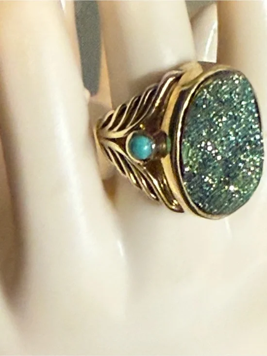 Gold Wash Sterling Silver 925 Druzy Ring Size 6.25-6.5 Turquoise Side Stones