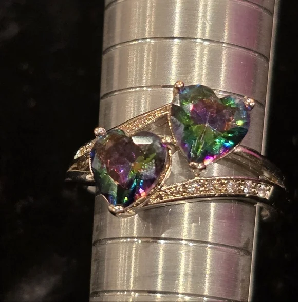 Sterling Silver Rainbow Topaz CZ Heart Ring Size 7.25