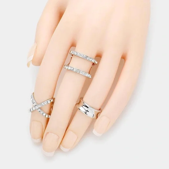 3 piece rhinestone adjustable ring set