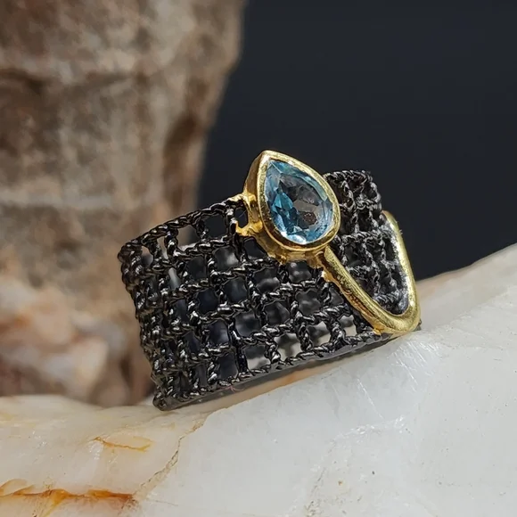 Sterling Silver 925 Black Rhodium 14k Gold Ring Genuine Blue Topaz