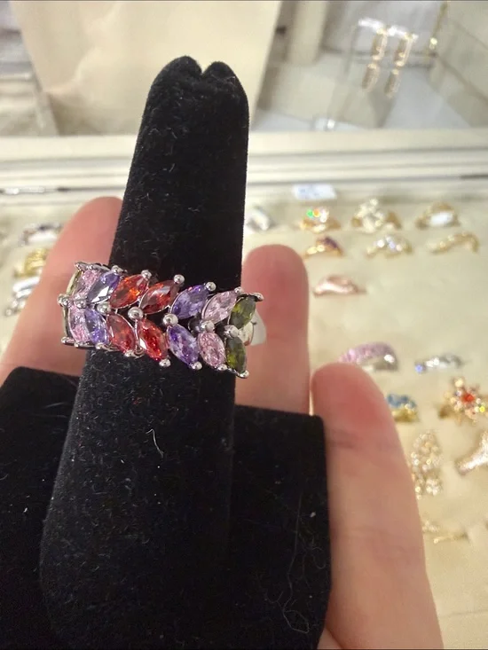 White Gold Multi-Color Marquise Gemstone Band Ring - Women Jewelry