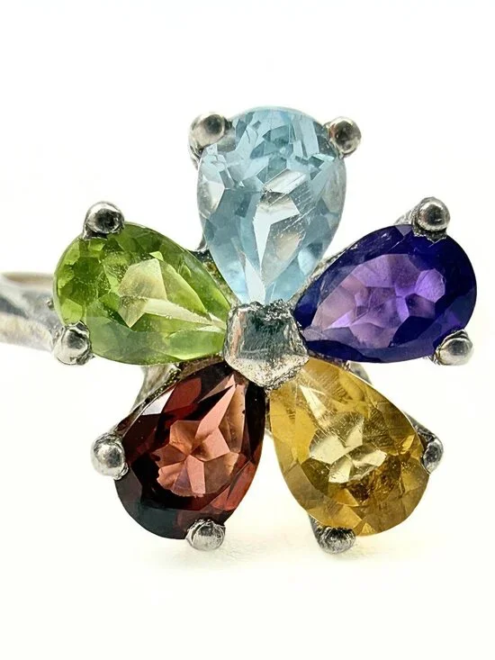 Charming Marked Multi Stones  Floral Cluster Sterling Silver Ring Sz9