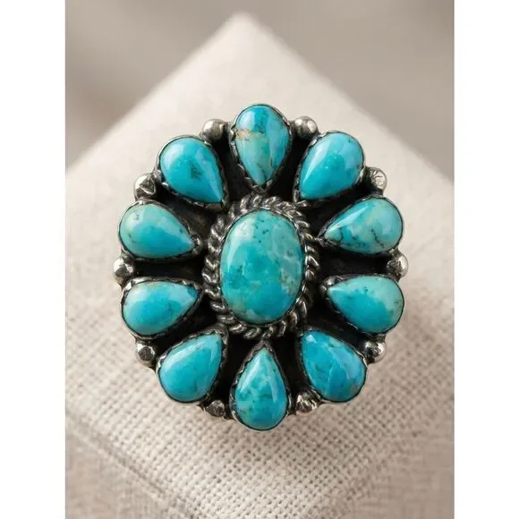 New Sterling Silver Turquoise Cluster Ring Artisan Southwestern Teardrop Design
