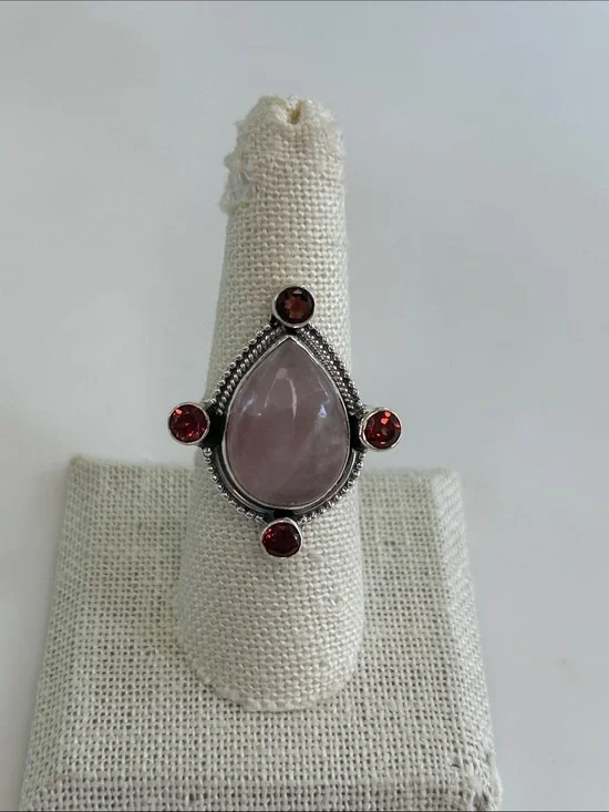 925 Sterling Silver Rose Quartz & Garnet Teardrop Statement Ring 7 3/4