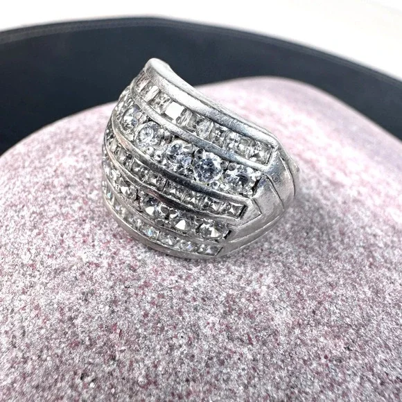 Southwestern Sterling CZ Statement Ring Chevron Signed 7‎ Chunky Sz 7