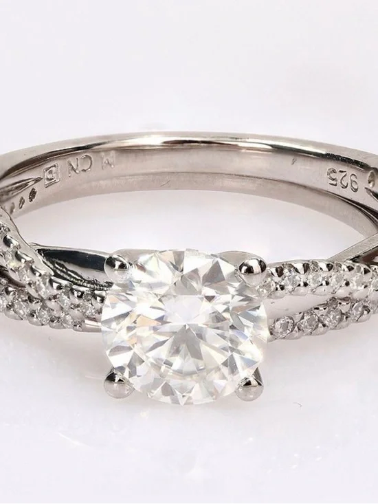 Sterling Silver White CZ Solitaire Ring with Pave Band