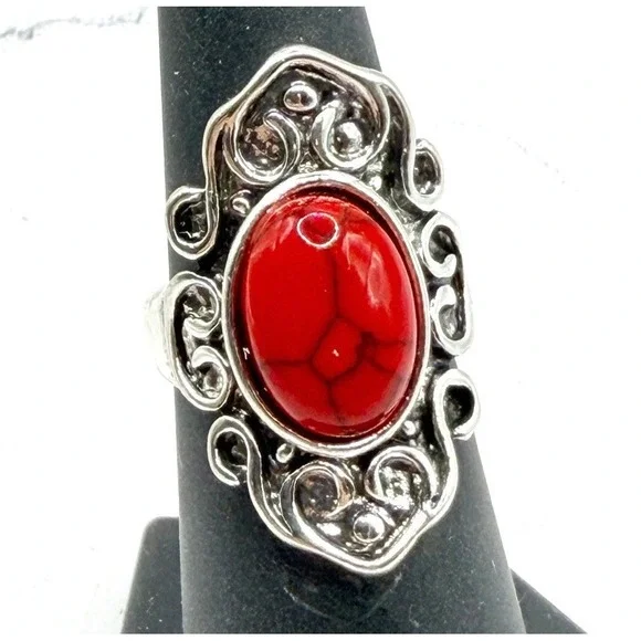 New‎ Red Marbled Glass Statement Ring Silver Tone Size 6.25 See Video