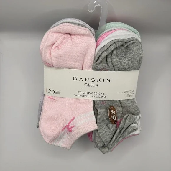 DANSKIN GIRLS 20 Pairs No Show Socks Shoe Size 4-10 Pink Gray Blue White NEW