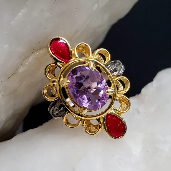 Unique Designer Solid Sterling Silver 925 / 14K Gold Ring Amethyst Gemstone Gift
