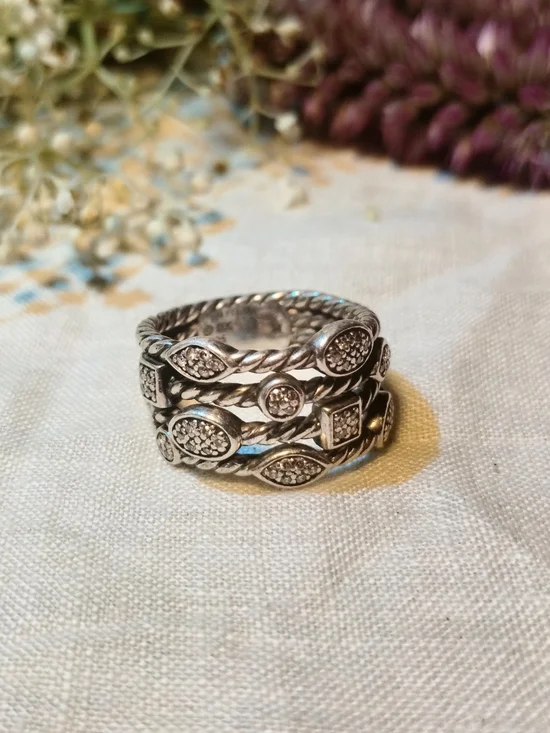 David Yurman Sterling Silver Pave Diamond Stacking Ring Size 7