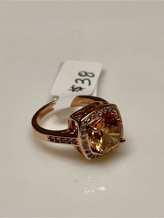 Rose Gold Tone Cushion Square Champagne Topaz CZ Halo  Ring. See Desc For sizes