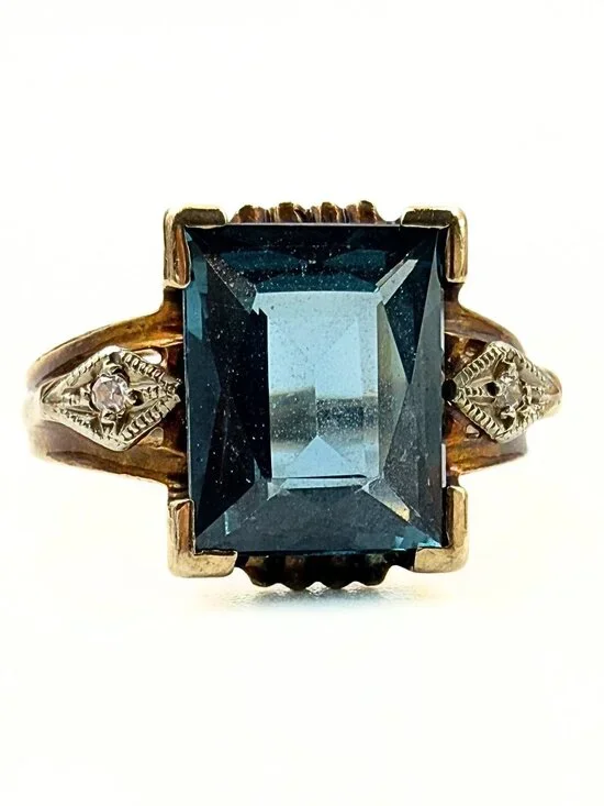 Antique Art Deco Signed 10K Emerald Cut Blue Topaz Diamond Ring Sz 4