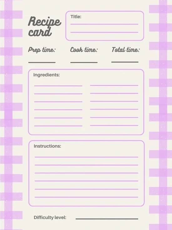 Lavender Recipe Card - Blank Kitchen Cookbook Insert
