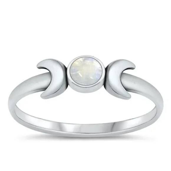 Sterling Silver 925 Dainty Minimalist Moonstone Crescent Moon Band Ring Sz 4.75